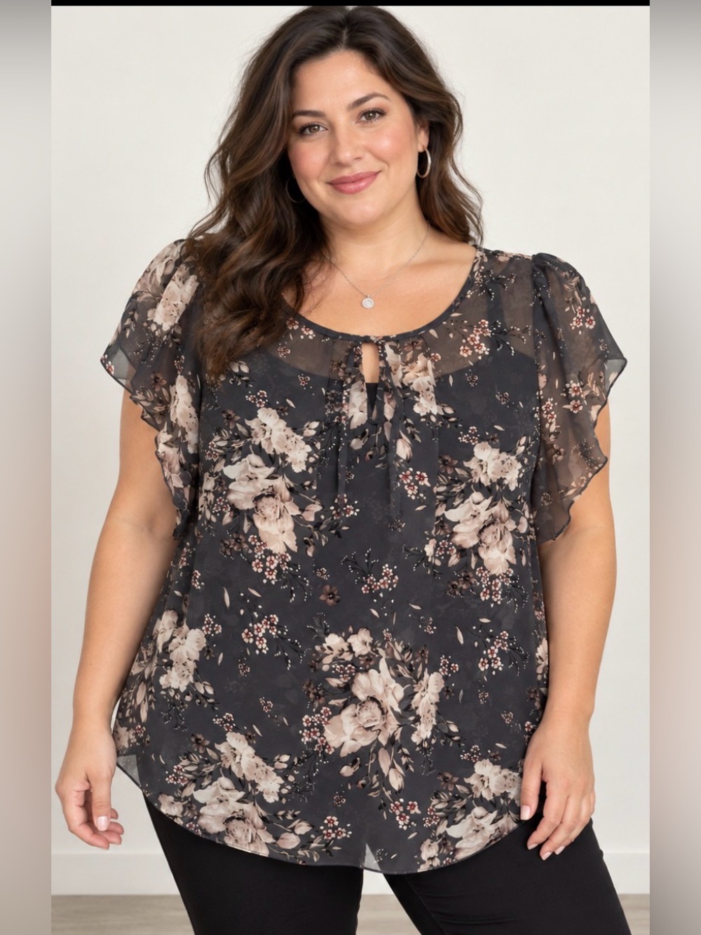 SHEIN Black Floral Tie-Front Flutter Sleeve Blouse